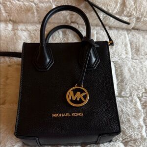 Michael Kors Black Leather Mini Satchel with Gold MK Charm